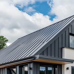 Fototapeta premium Skilled roofers are working on the installation of zinc roofing on a stylish residential building. The bright clouds above complement the modern design
