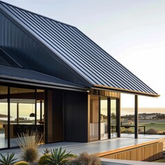 Obraz premium Workers carefully install zinc roofing on a stylish home at sunset, demonstrating skill and attention to detail in the construction process