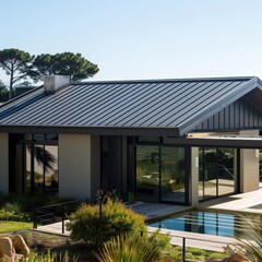 Obraz premium Roofers are actively working to install a zinc roof on a contemporary house surrounded by lush greenery and a swimming pool under clear blue skies