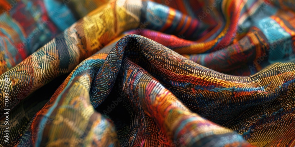 Poster close-up shot of colorful fabric with intricate patterns and colors