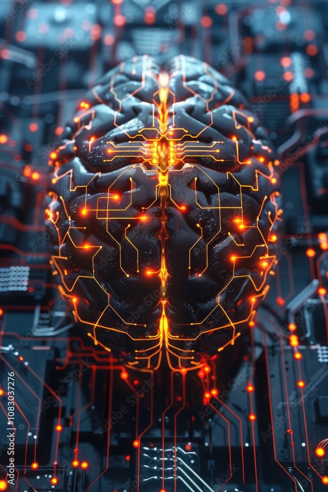 Poster a detailed view of a brain neural network printed on a circuit board, perfect for tech and neuroscie