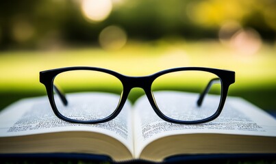 Black eyeglasses placed on an open book with a blurred background, focusing on the glasses and the text on the book pages