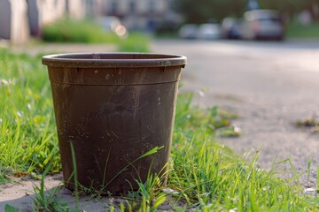 Naklejka premium A worn-out trash can sitting by the side of a road, waiting for waste disposal
