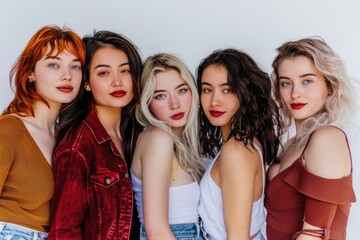Obraz premium A group of women standing next to each other, possibly friends or colleagues, in various clothing and hairstyles