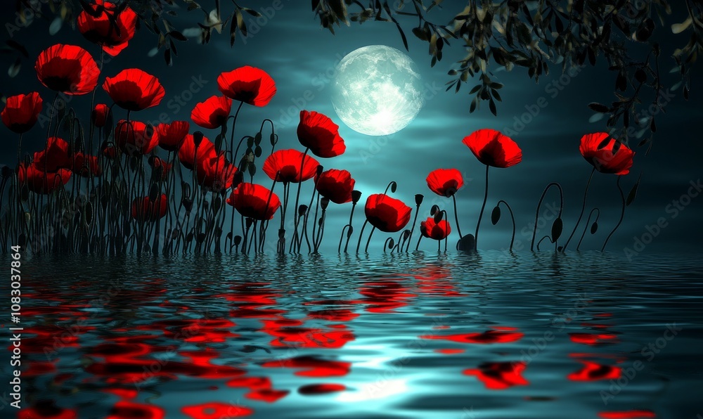 Poster red poppies reflected in a calm water surface, with the moonlight creating a shimmering effect on th