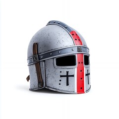 Fototapeta premium A silver knight helmet with a red stripe and crosses on the front.