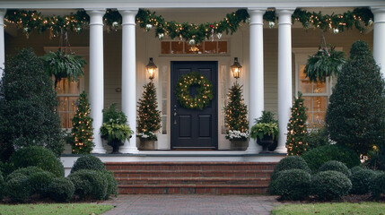 Obraz premium Festive Christmas Home Exterior Decor Porch Trees Wreath Lights