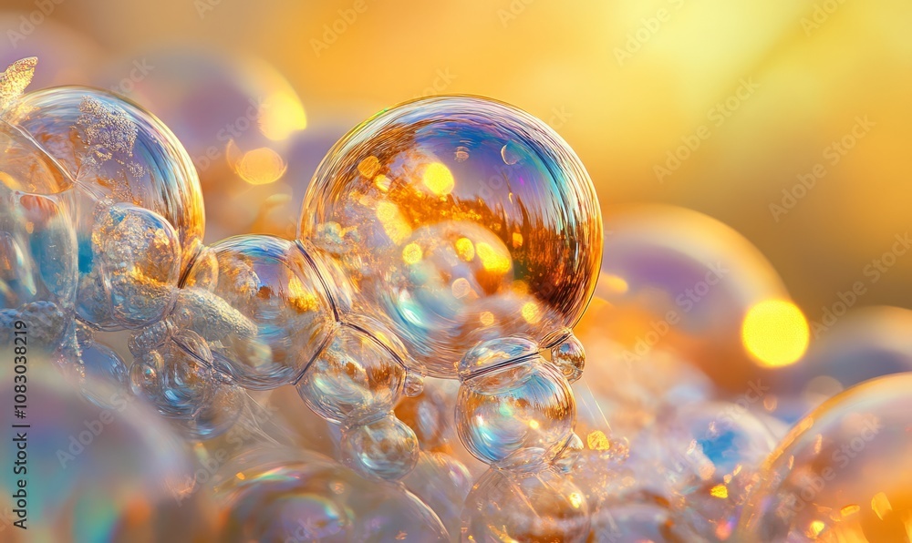 Poster captivating cluster of iridescent bubbles floating in serene natural setting with warm glow and macr