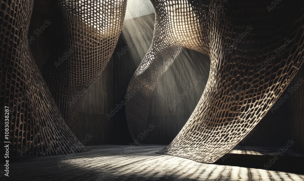 Poster captivating abstract geometric pattern with intricate knotted textures in dimly lit studio
