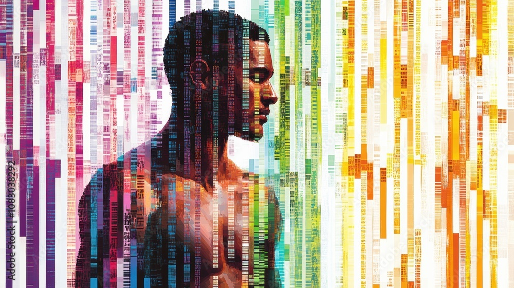 Fototapete a human silhouette is layered over colorful strands of genetic code, illustrating the intersection o