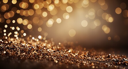 Abstract background featuring golden bokeh lights above a sparkling, textured surface, creating a...