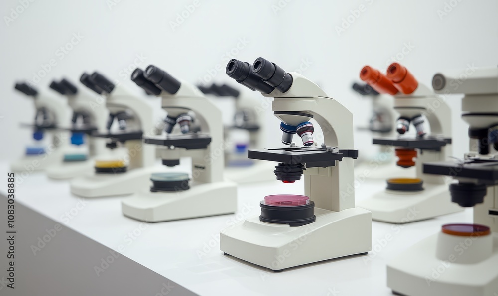 Poster several microscopes are arranged on a white surface with slides of various colors under them