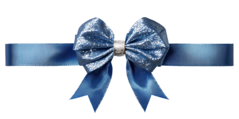 Blue ribbon with glitter bow, silver ring. Isolated on transparent background. Ideal for gift wrapping, party decorations, wedding favors, greeting cards, packaging design. Perfect for holiday festive