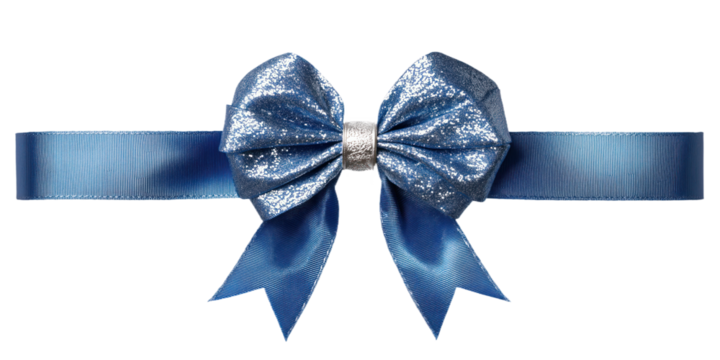 Blue ribbon with glitter bow, silver ring. Isolated on transparent background. Ideal for gift wrapping, party decorations, wedding favors, greeting cards, packaging design. Perfect for holiday festive