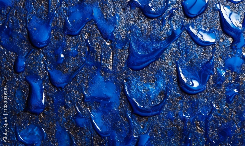 Poster close-up of blue liquid droplets and smears on a textured surface forming abstract patterns with lig