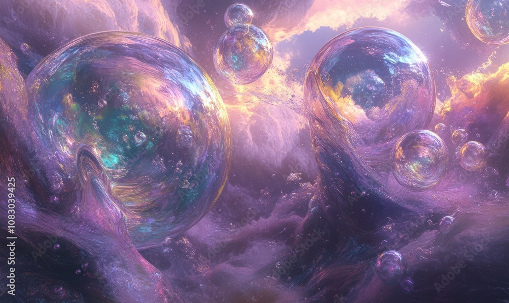 Poster cluster of iridescent floating bubbles revealing intricate patterns and soft textures in tranquil se