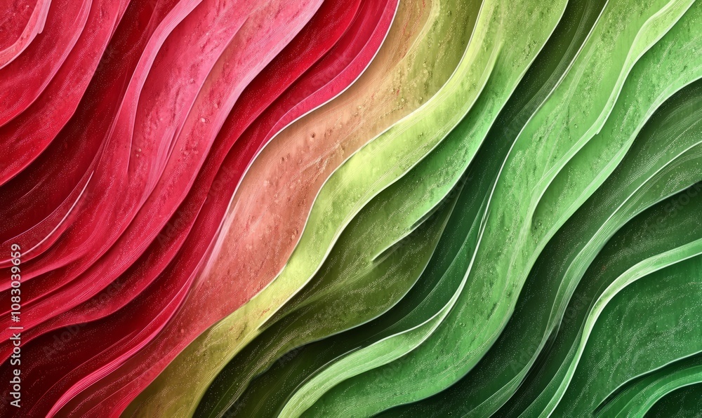 Poster colorful abstract background with flowing wavy lines in green and red shades, creating a dynamic and