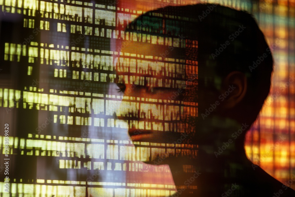 Poster a human silhouette is layered over strands of genetic code, illustrating the fusion of identity and 