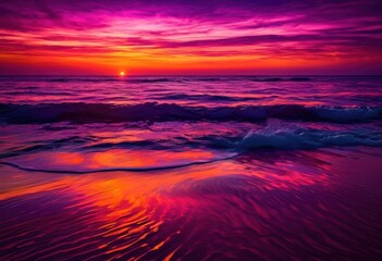 Obraz premium vibrant beach sunset glowing over tranquil waves created horizontal rays colorful light reflecting calming ocean surface, reflection, sky, colors, orange