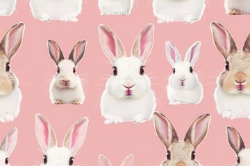 Fototapeta premium A group of rabbits sitting together on a bright pink surface