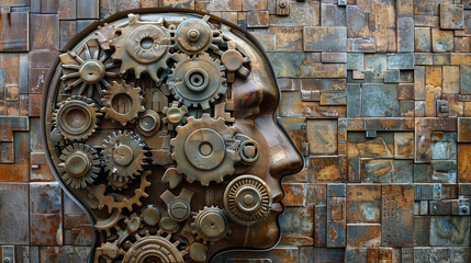 A Detailed View of an Artistic Wall Sculpture Depicting a Profile of a Human Head Made of Interlocking Gears, Showcasing Creativity and Innovation in Urban Art