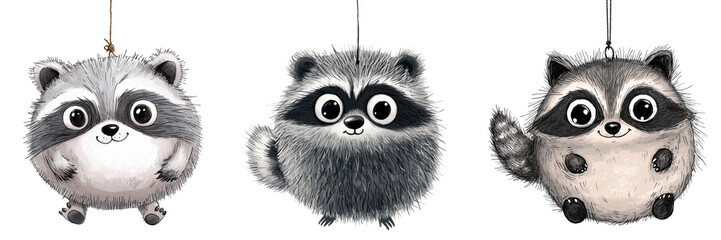 Fototapeta premium A set of christmas tree ornament of a cute animal isolated on a transparent background. Watercolor-style illustration of a round raccoon hanging by a string. Christmas theme.