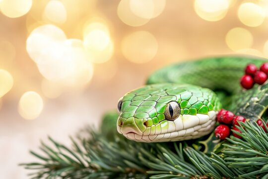 A green tree python resting among pine branches and holiday decorations during the festive season