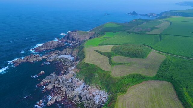 Aerial view from a drone of the coastal landscape and crops in the area around Cabo Cebes in Tapia de Casariego. Asturias. Spain. Europe