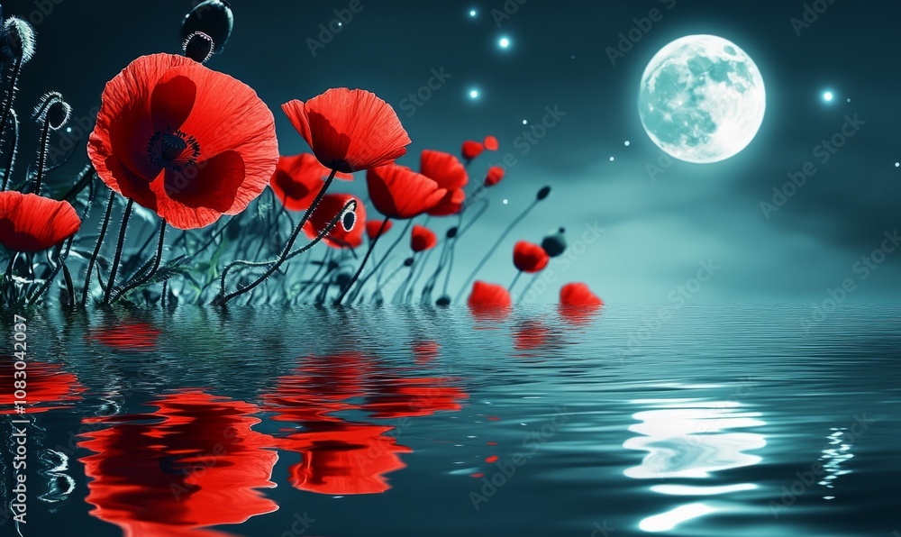 Poster red poppies reflected in a calm water surface, with the moonlight creating a shimmering effect on th