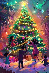 Obraz premium Whimsical cartoon style family decorating massive Christmas tree, playful poses, magical atmosphere, bright jewel tones, twinkling lights