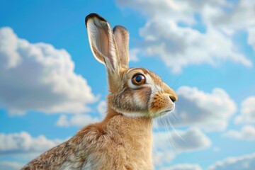 Obraz premium A close-up of a rabbit with fluffy clouds in the background, perfect for use in illustrations or design projects