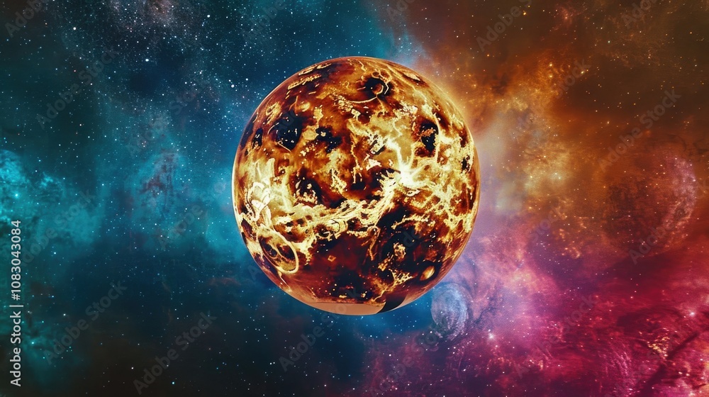 Poster a single planet orbits in the vastness of space, with stars and galaxies visible in the background