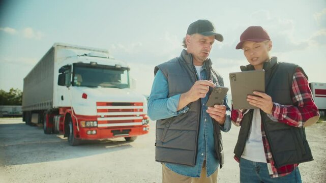 Caucasian man talking with woman in middle of parking lot. Female showing information on tablet device. Man checking his data on smartphone. Truckers deciding on best route to deliver goods.