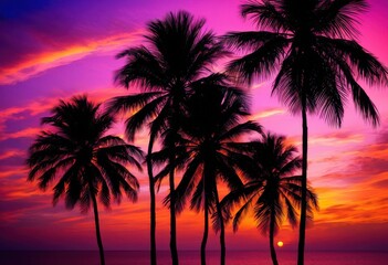 Obraz premium vibrant palm leaf silhouette set stunning sunset backdrop showcasing rich colors dynamic shapes nature, sky, contrast, horizon, dusk, sunlight, tropical