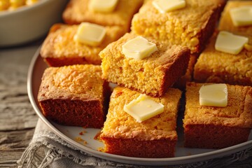 Warm and inviting cornbread served with a pat of butter, perfect for snacking or serving as a side dish