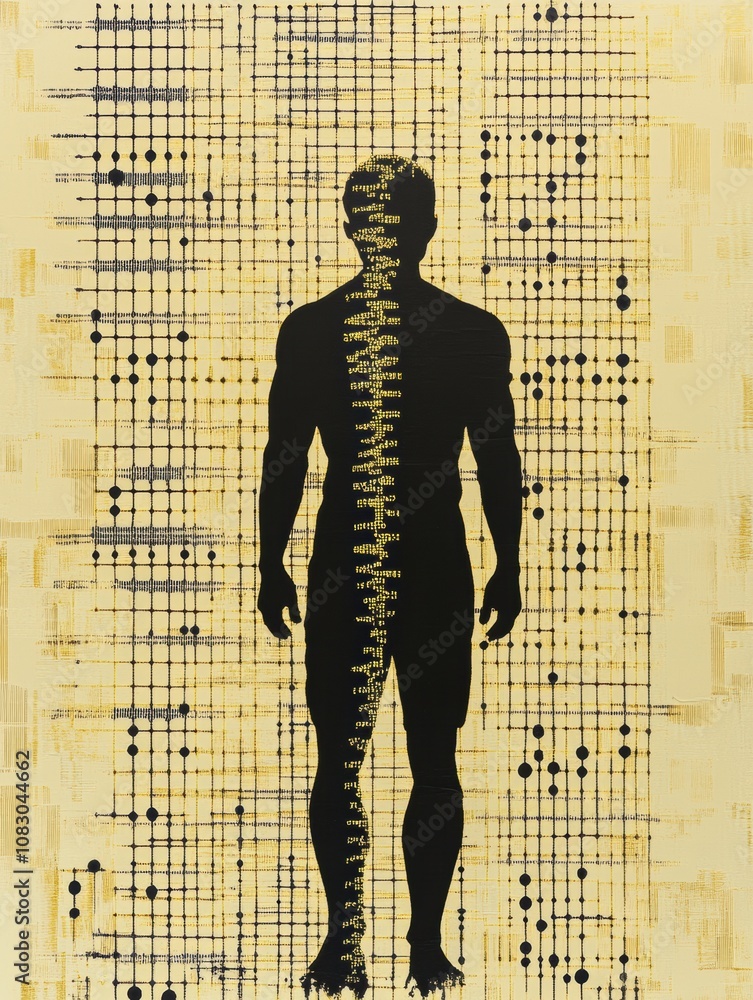 Poster a silhouette of a human figure stands against a backdrop of dna genetic code symbols, illustrating t
