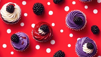 Seamless pattern of blackberry cupcakes on a vibrant red background adorned with white polka dots ideal for packaging and textile designs
