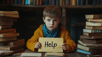 Frustrated boy seeks help while studying at a cluttered table surrounded by books during a challenging learning session
