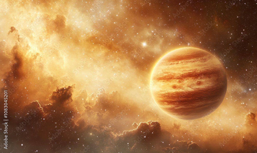 Poster this image depicts a bright glowing celestial planet with an ethereal light, set against a backdrop 