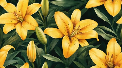 Obraz premium Seamless pattern of vibrant yellow lily flowers buds and leaves in watercolor style ideal for printed materials packaging and decorative items