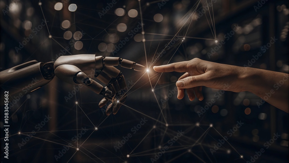 Poster futuristic interaction: human touch connecting with ai technology in a digital universe