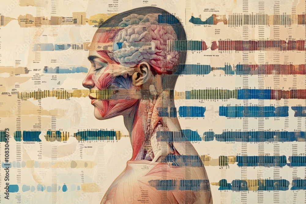 Poster a human silhouette overlays genetic code, illustrating the connection between biology and dna struct