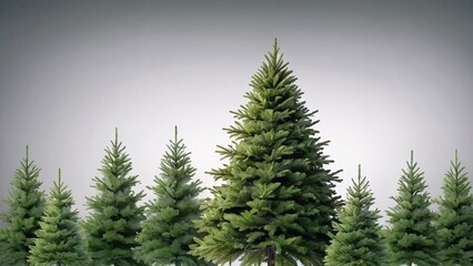 Obraz premium A row of fir trees with one taller than the rest against a gray background.