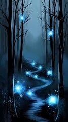  trees in the forest, Mystical forest landscape at night, night in the forest, dark forest in the fog,