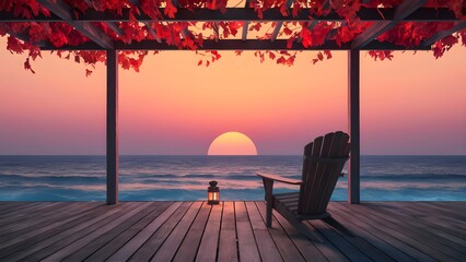 sunset on the beach, sunset on the sea, sunset on the beach,  sunset viewed from an oceanfront desk, empty chair by an ocean view at sunset