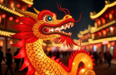 Fototapeta premium Illuminated dragon lantern decorates Chinese New Year festival. Bright, colorful symbol of good fortune and prosperity. Celebration in Chinatown, Asia.