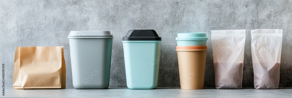 Aufkleber Reusable containers are displayed next to various single-use plastic bags and cups, emphasizing the importance of sustainable practices. Generative AI