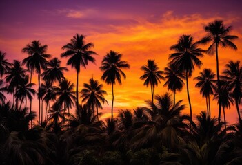 Obraz premium silhouette lush palm trees set vibrant sunset backdrop radiant colors striking contrast sky, scenery, nature, silhouettes, tropical, landscape, evening