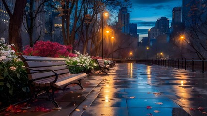 view of the city, night in the city, city street night scene after rain,  wet streets reflect city lights on a rainy night