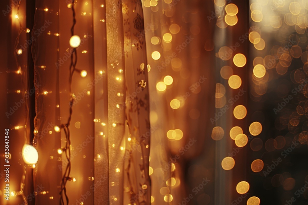Poster a colorful curtain decorated with string lights next to a window